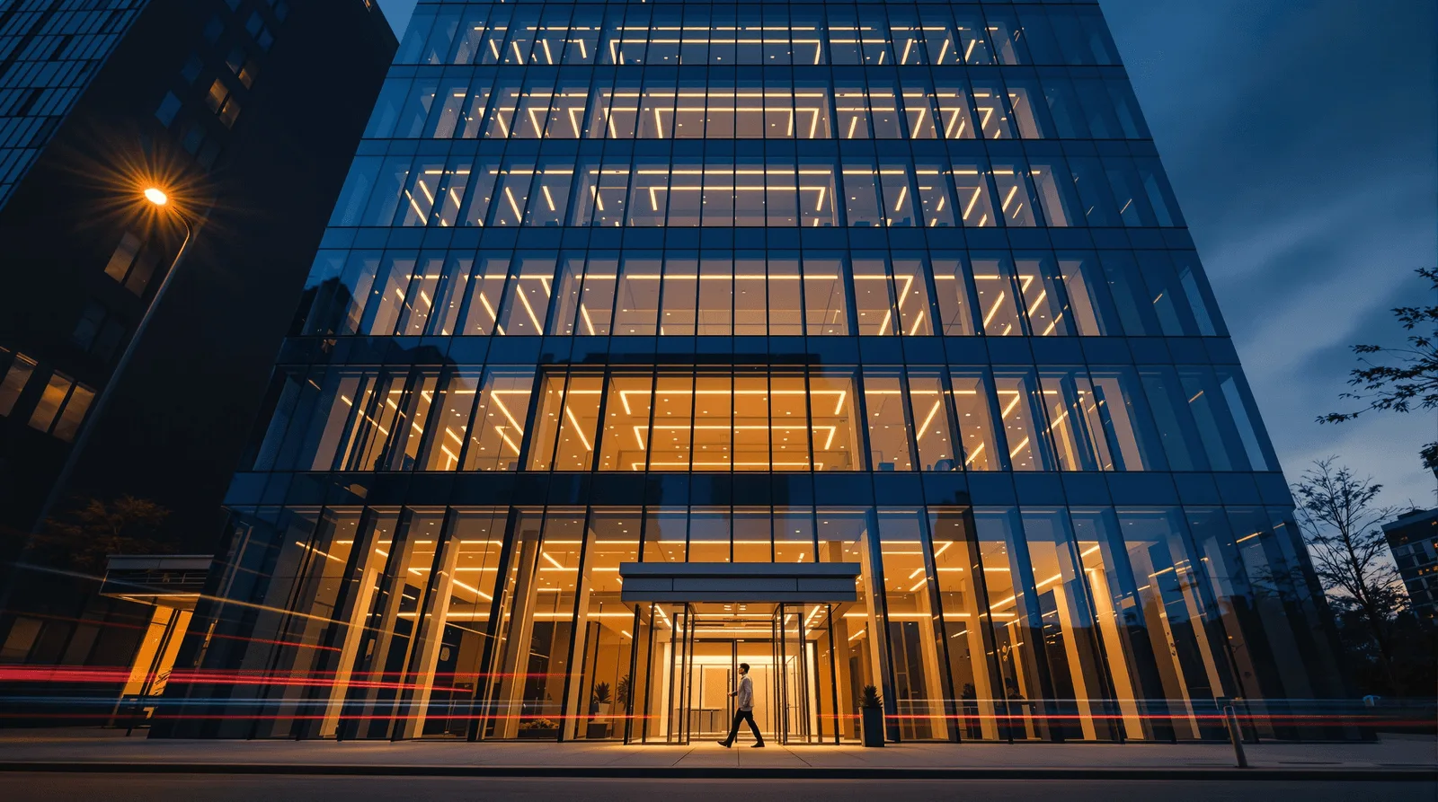 Professional entering illuminated office building at dusk after AI strategy decision