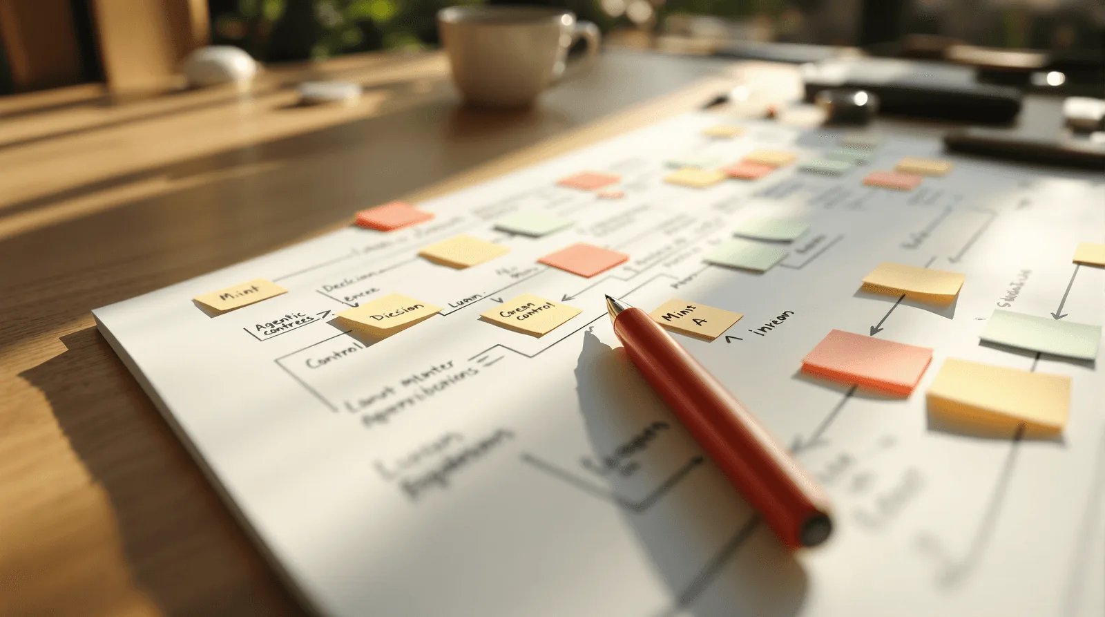 Printed agent decision flow covered in coloured sticky notes with a pen on a sunlit desk
