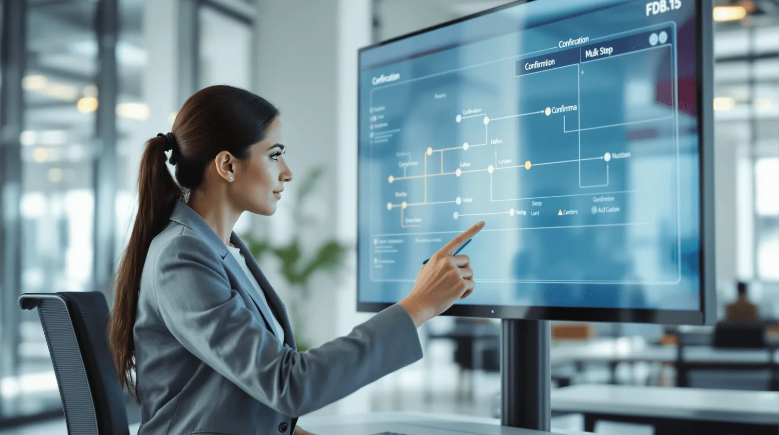 Product manager tracing an agent workflow with confirmation steps on a large screen