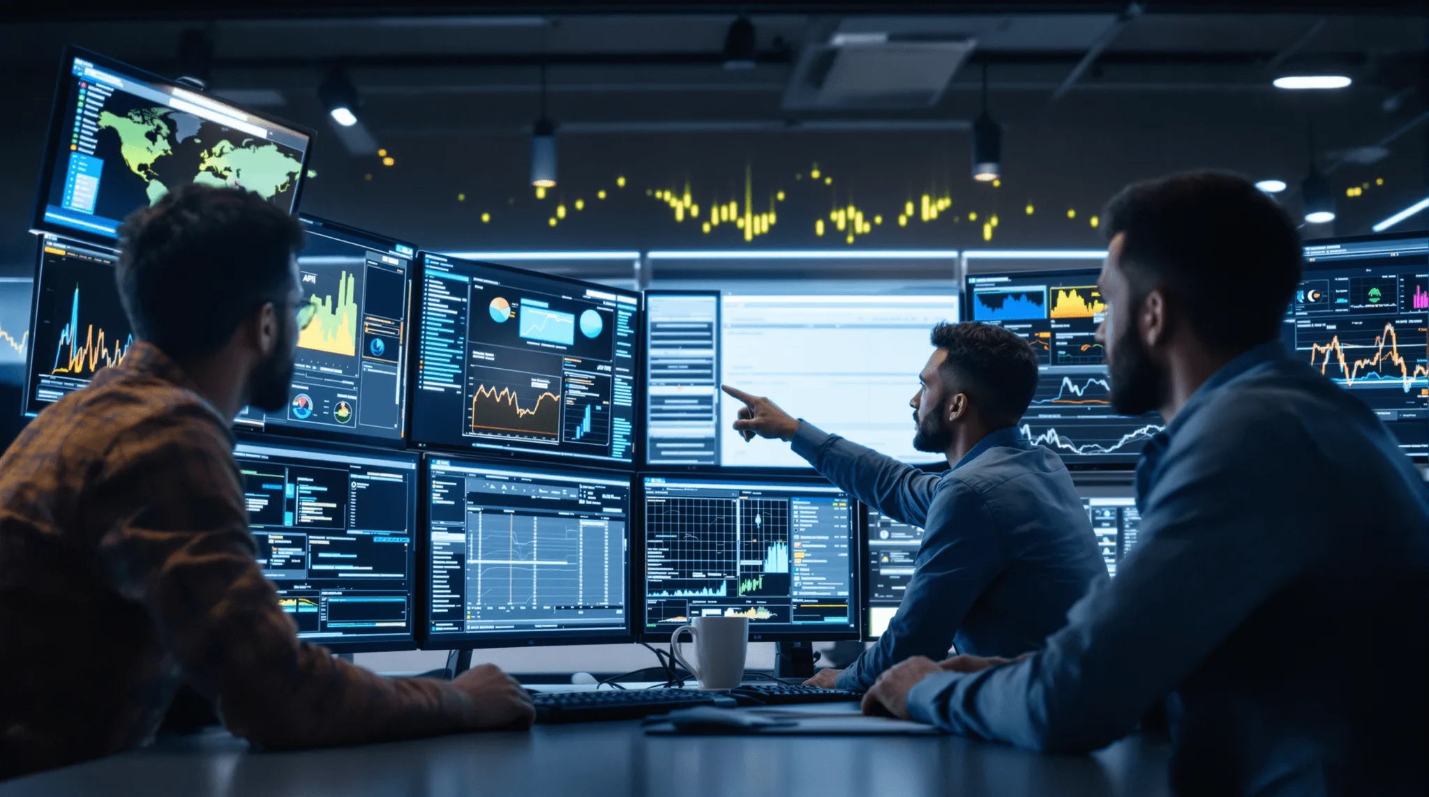 Engineering team analyzes scalable API data in a network operations center.