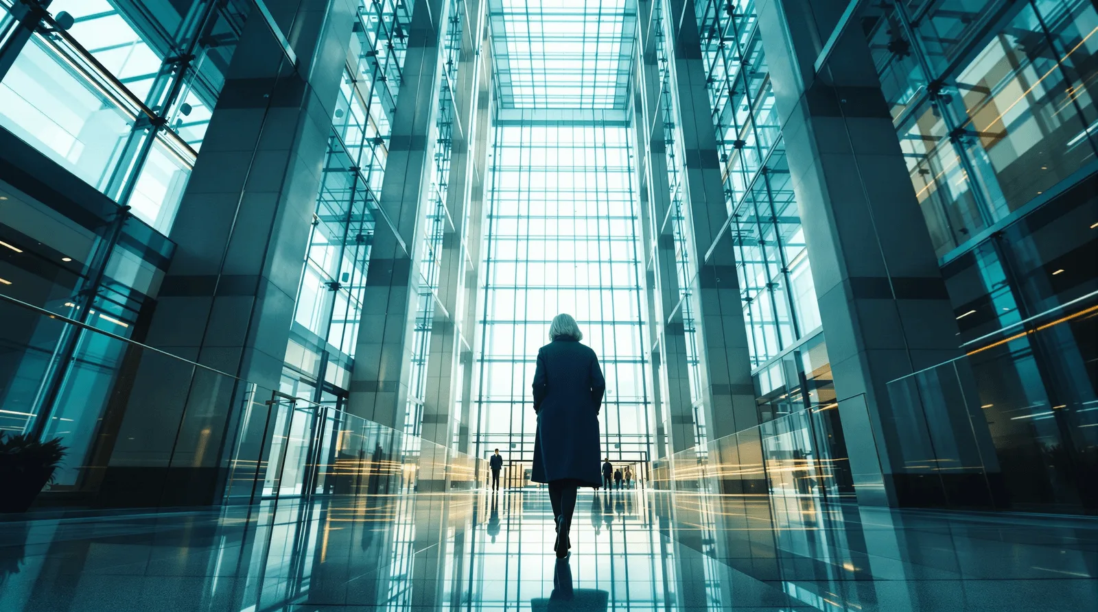 Executive walking through sunlit corporate tower atrium from behind