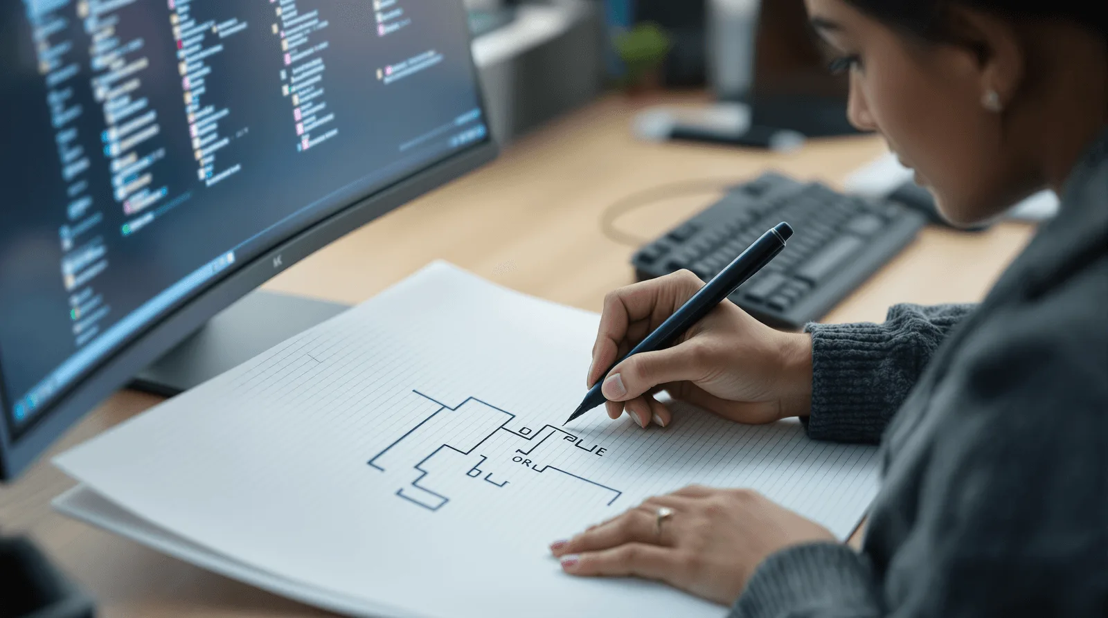 Developer sketching file-based routing diagram on gridded notepad at desk