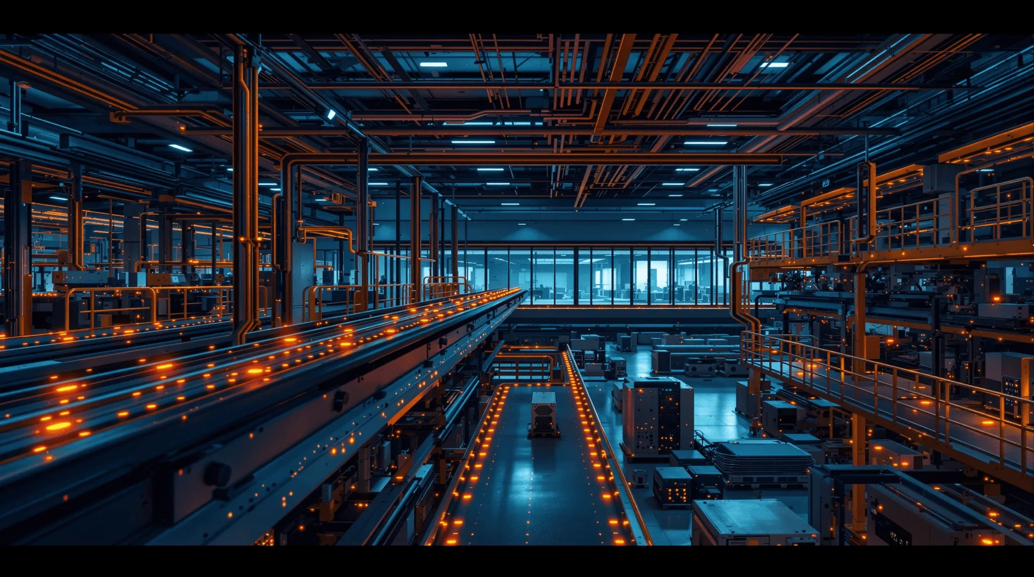 Networked sensor nodes glowing on an industrial factory floor at dusk