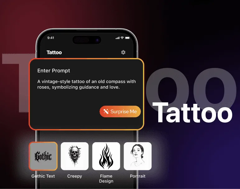 Phone showing a tattoo generator app with a prompt box and style options