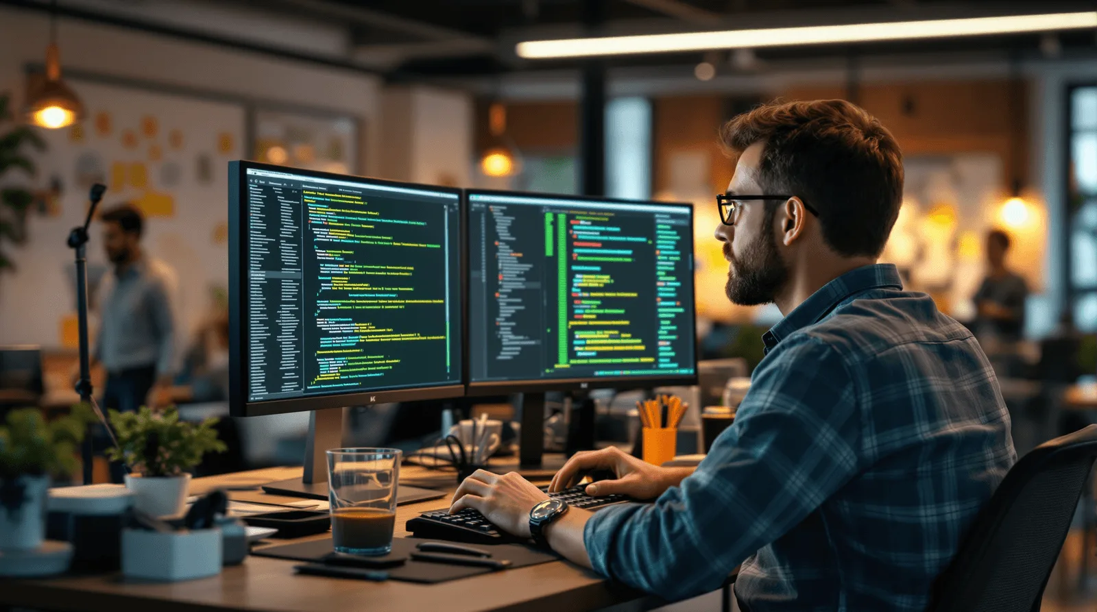 Software developer writing and debugging mobile app code on multiple monitors, representing custom software development, app development, and programming.
