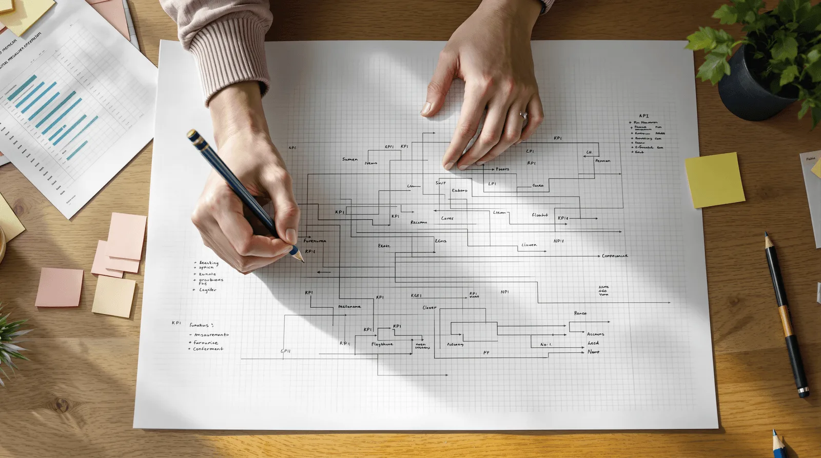 Hands sketching a layered AI ROI measurement framework on gridded paper