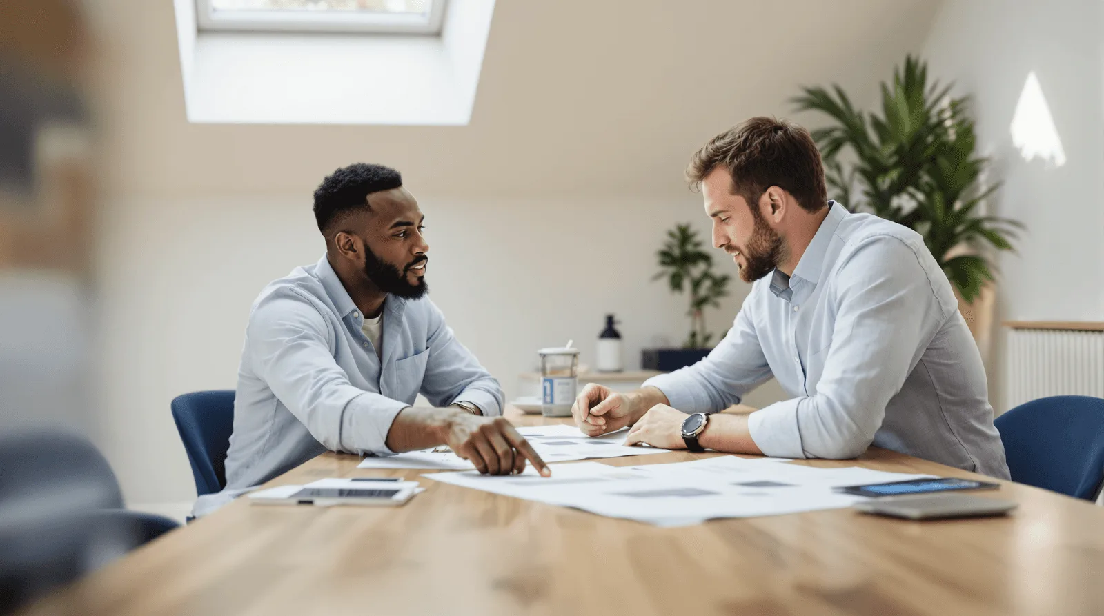 Agency architect and startup founder reviewing wireframe printouts together