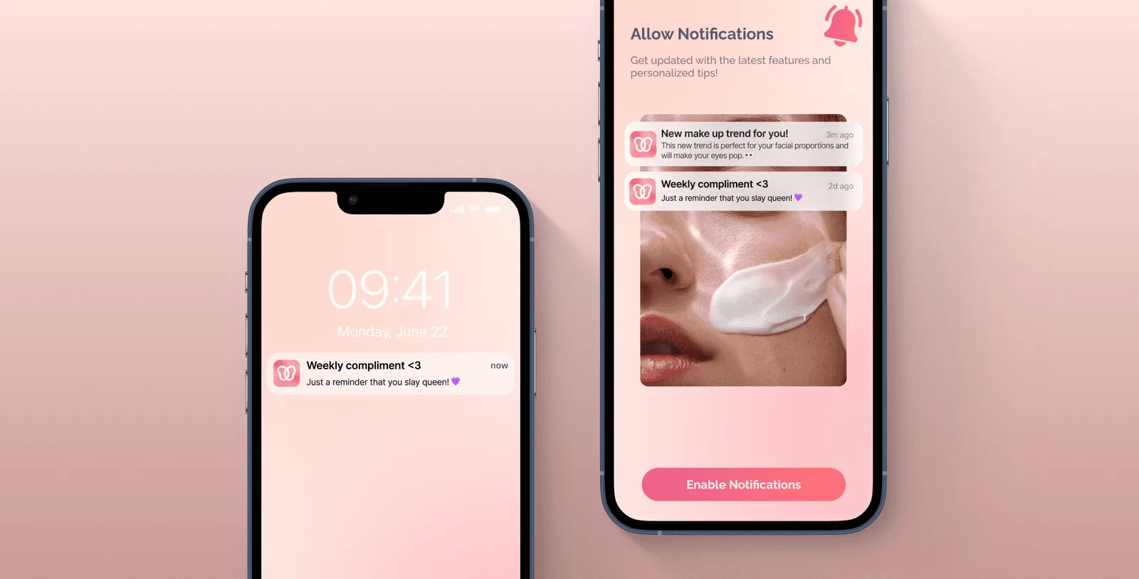 Two phones showing a lock screen push notification and an allow notifications opt in screen