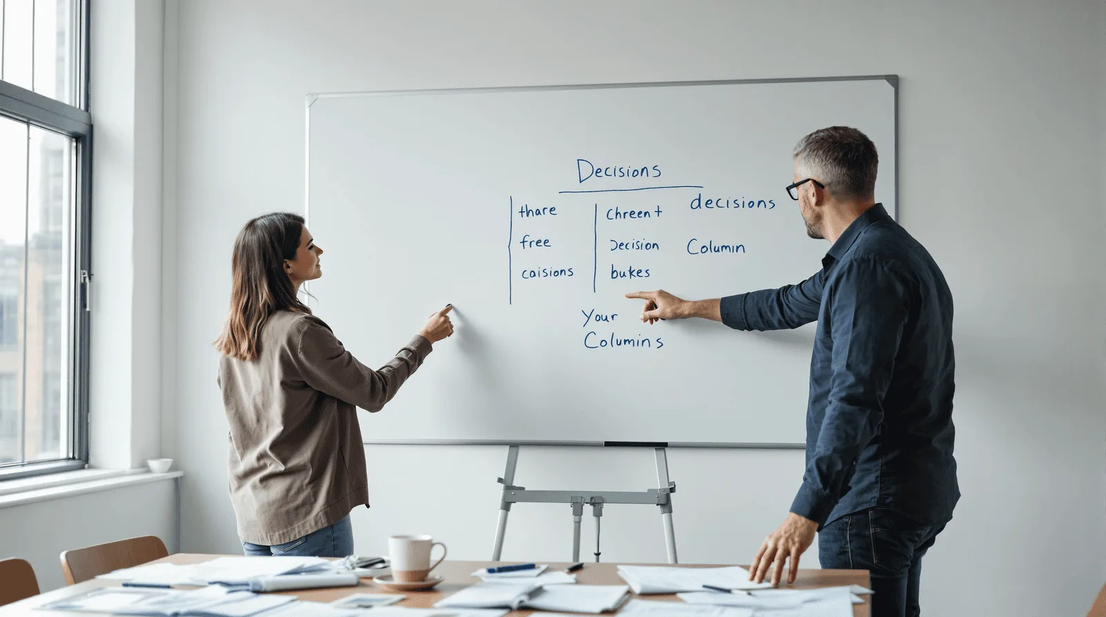 Two strategists reviewing a subscription model decision framework on whiteboard