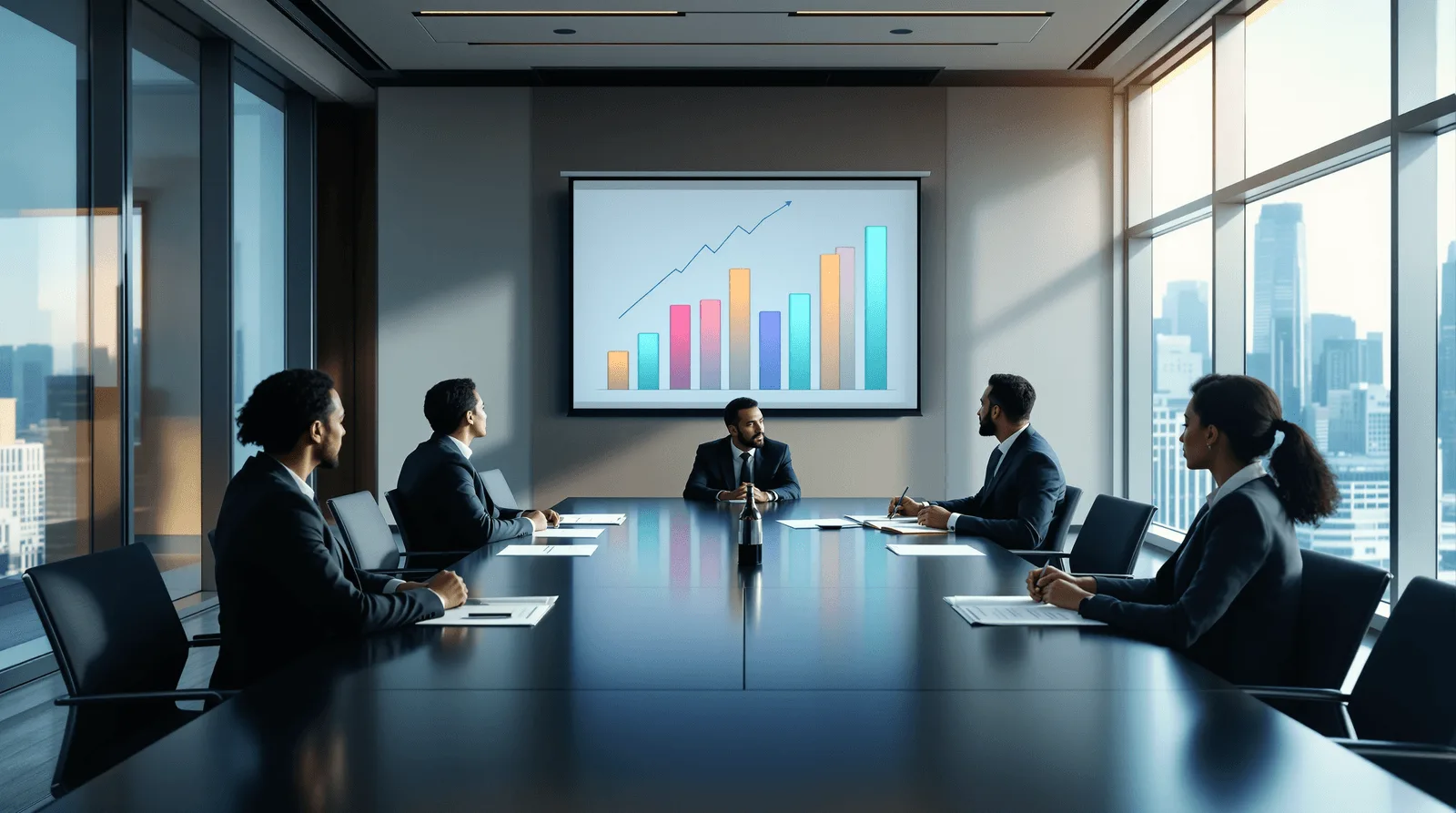 Executives reviewing AI sales ROI projections in boardroom