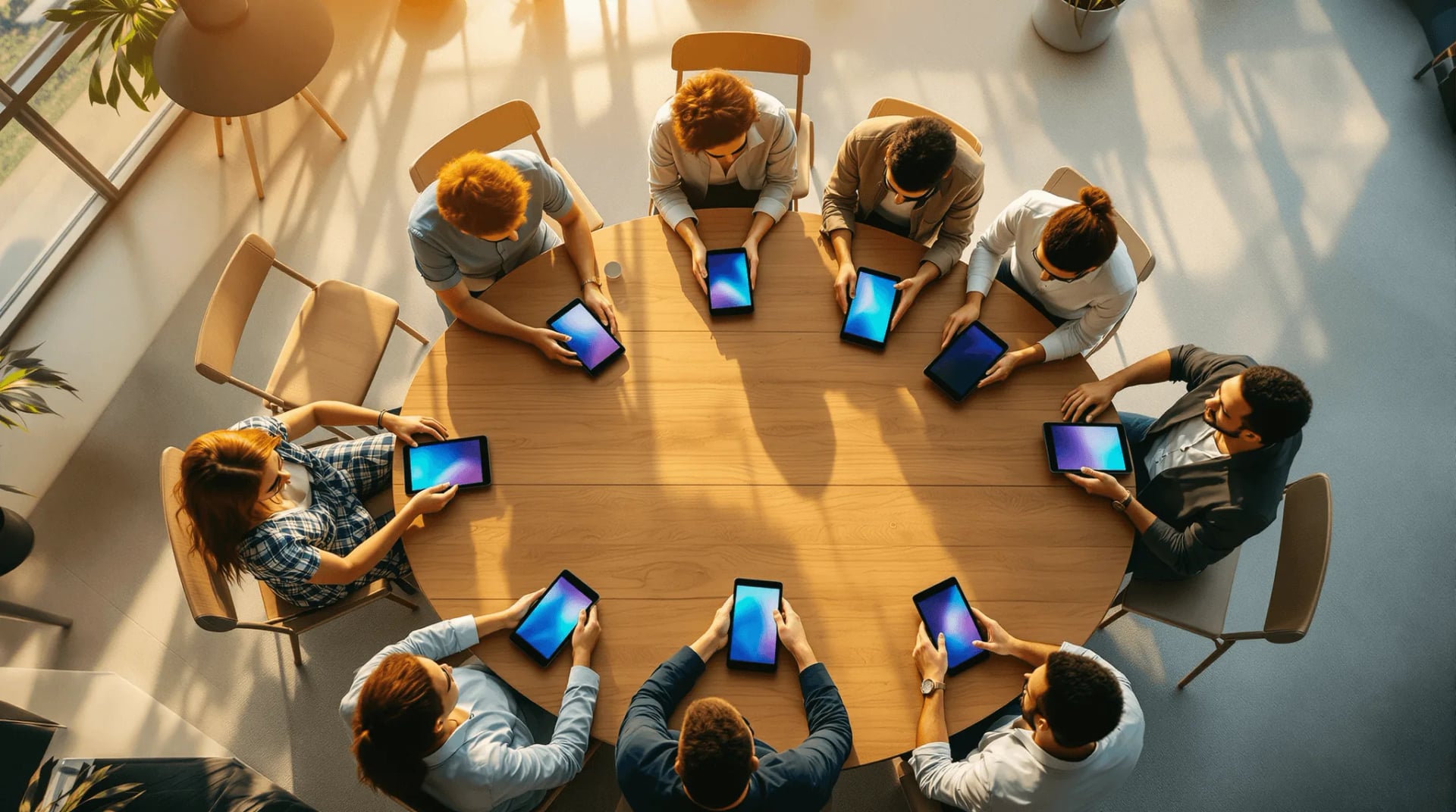 Overhead view of a group around a round table each holding a tablet