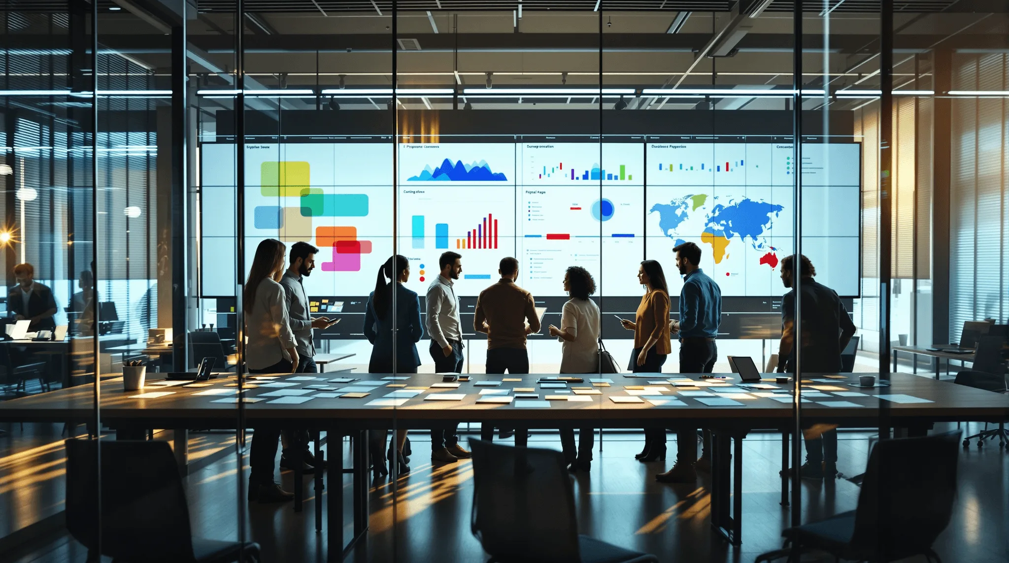 Enterprise revenue team reviewing pipeline stages at standing desk