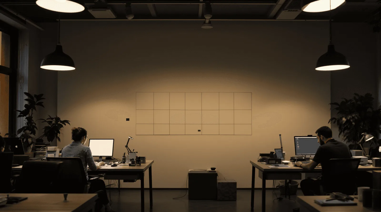 Two isolated product squads working in parallel in a dimly lit studio