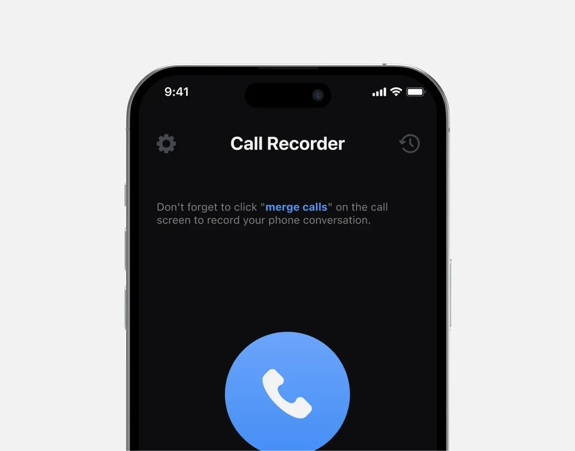 Taps Rec main app screen on iPhone showing the phone call recording and playback primary interface and user flow