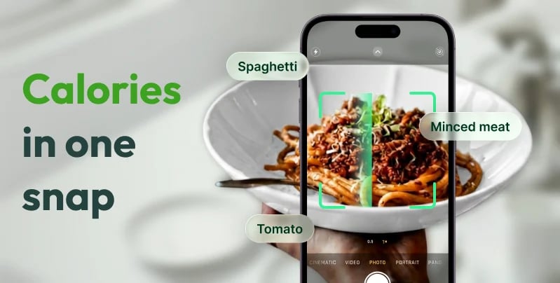 ProCal'ın kamerası bir makarna tabağını çerçeveleyip spagetti, kıyma ve domatesi etiketliyor