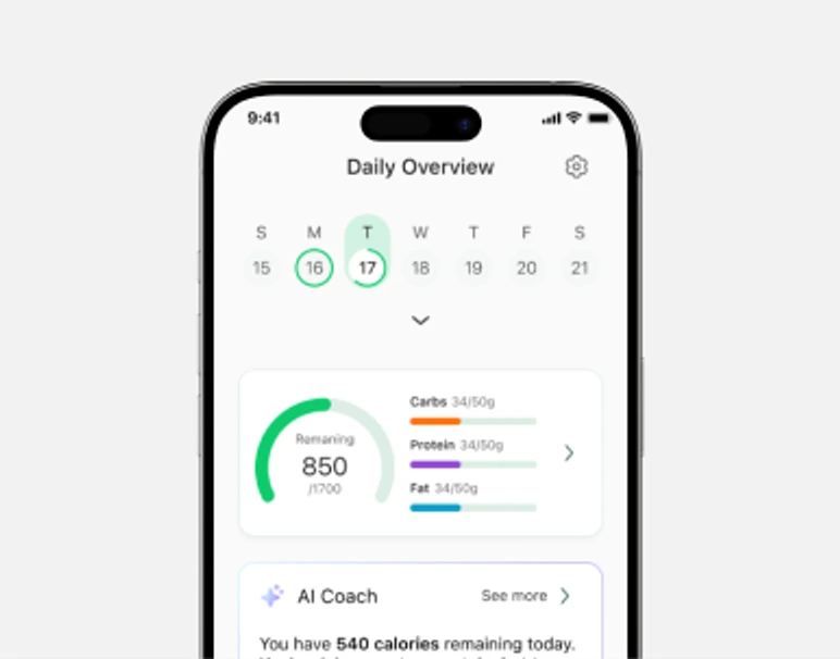 ProCal's daily overview with the calorie ring, macro bars and the AI Coach card