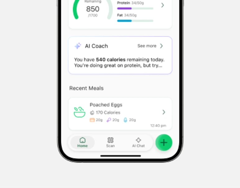 ProCal's recent meals list under the AI Coach card, above the home, scan and AI chat tabs