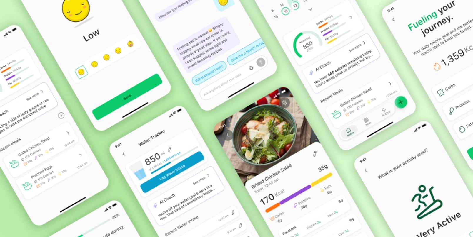 ProCal screens for mood logging, AI chat, water tracking, a scanned meal and onboarding