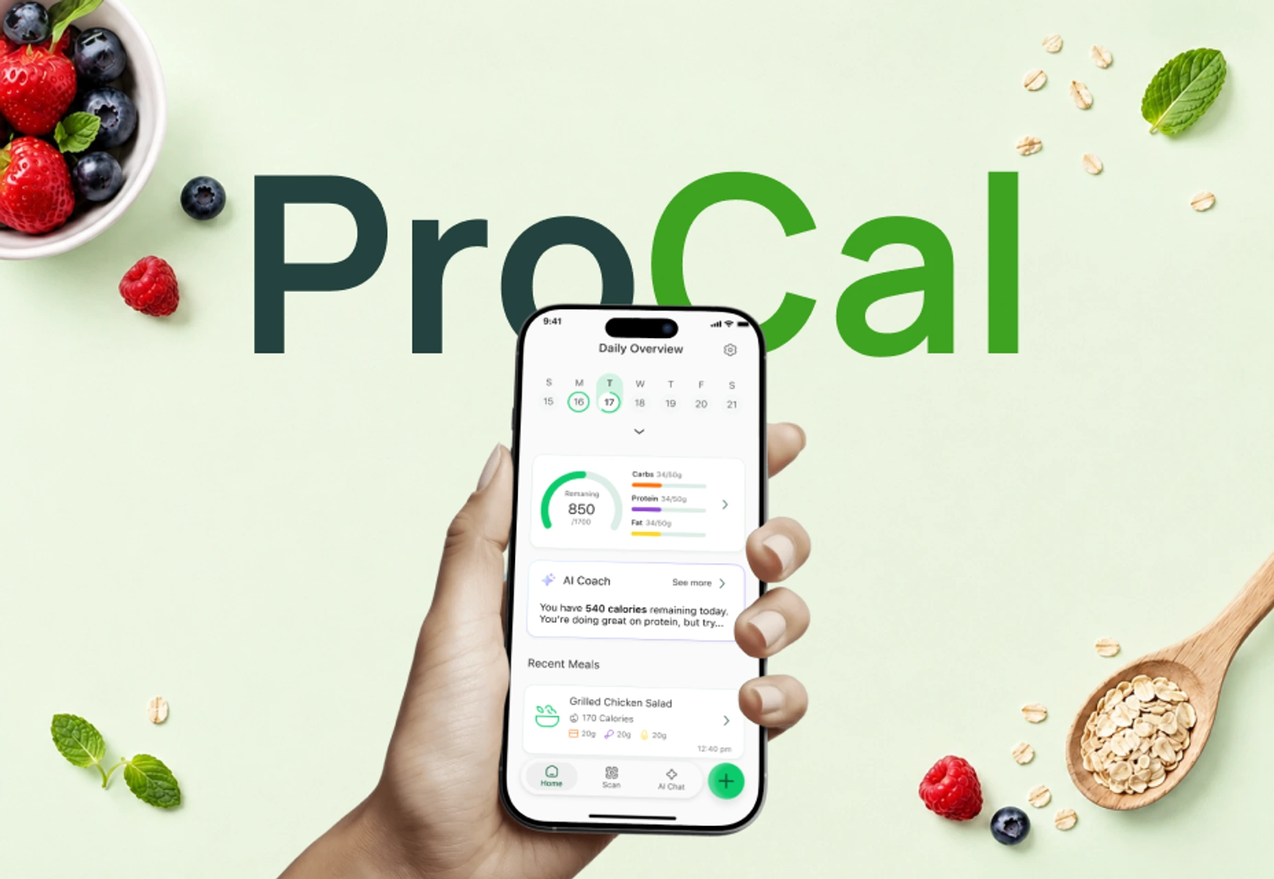 A hand holding a phone showing ProCal's daily overview, among berries and oats