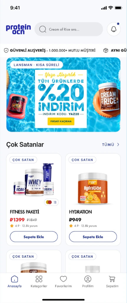 The Protein Ocean home screen, with the launch campaign banner above a bestsellers grid and a floating navigation bar