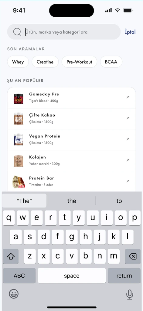 The Protein Ocean search screen, with recent searches as chips and a list of popular products with thumbnails