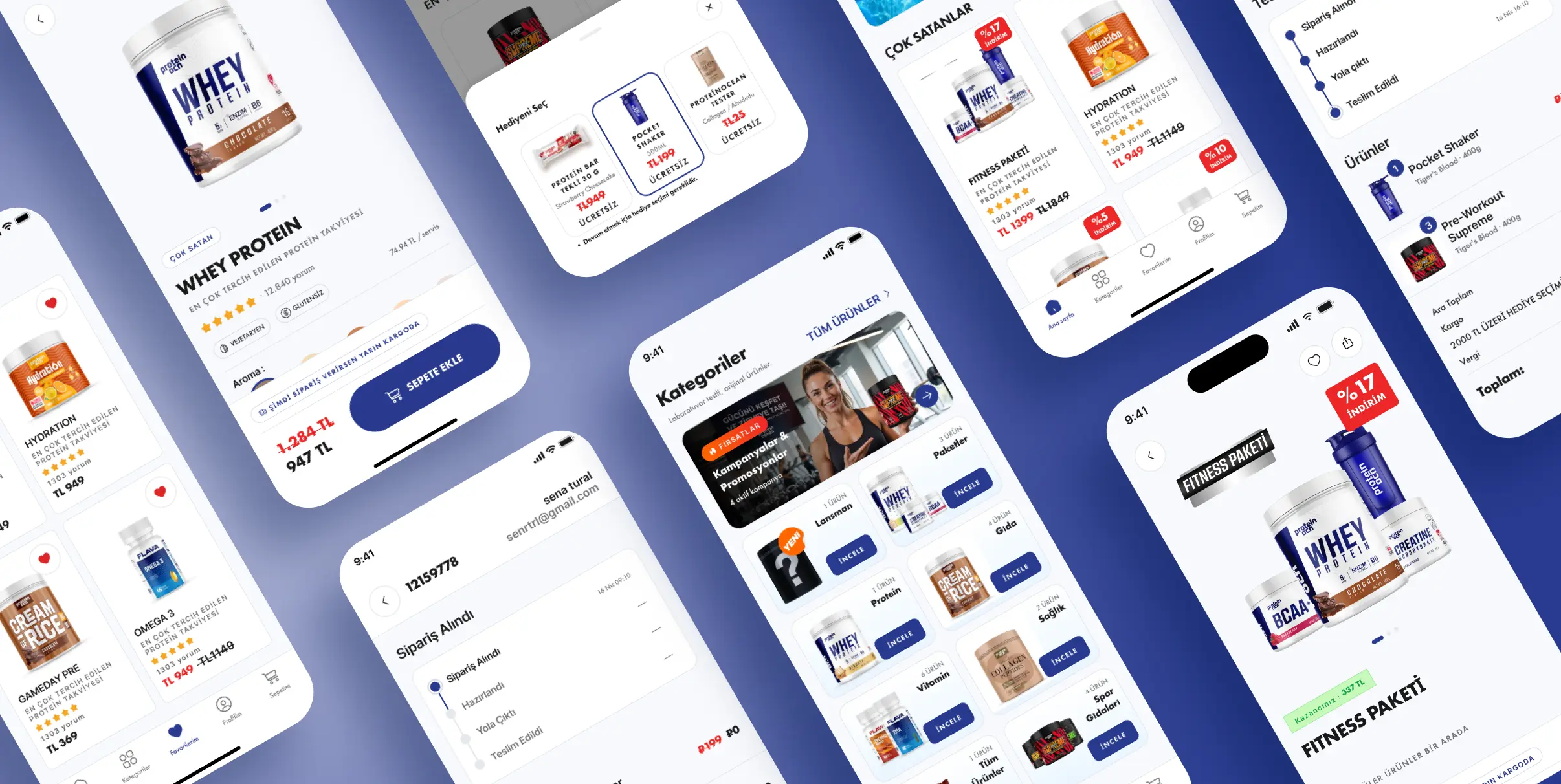 Protein Ocean screens laid out at an angle: product pages, the gift picker, bestsellers, categories, favourites and order tracking.