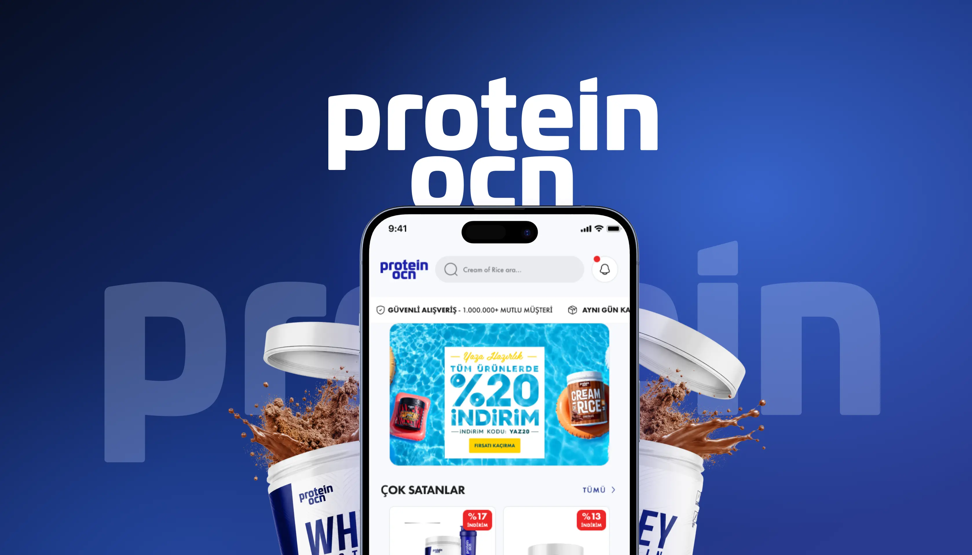 The Protein Ocean logotype behind a phone showing the app's home screen, with the brand's own products around it.