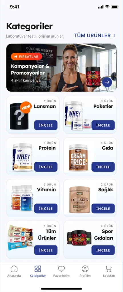 The Protein Ocean categories screen, with a campaigns card above eight category tiles that each carry a product count