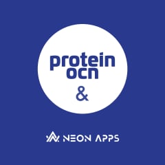 The Protein Ocean and Neon Apps logos locked up together on a deep blue background.