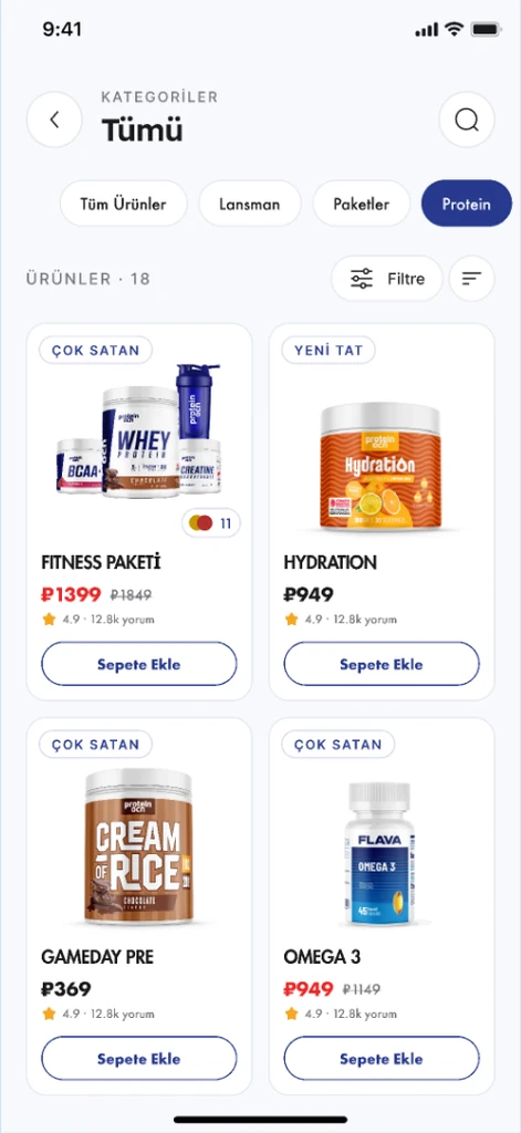The protein category in the Protein Ocean app, filtered with chips above a grid of eighteen products