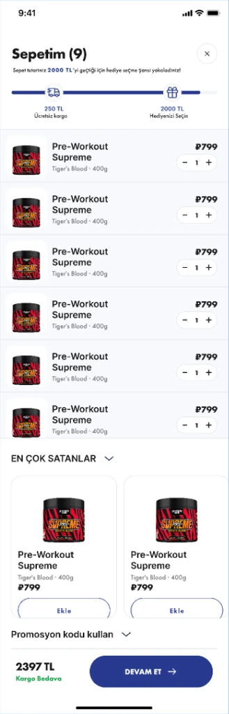 The Protein Ocean basket, with a progress bar marking the free shipping and gift thresholds above the line items