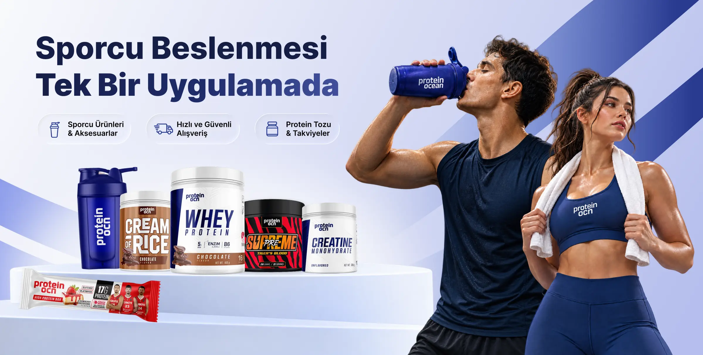 A Protein Ocean key visual: the line Sporcu Beslenmesi Tek Bir Uygulamada beside the product range and two athletes.