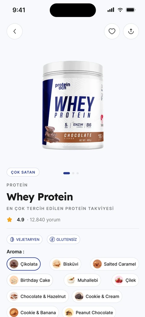 A Protein Ocean product page, with the gallery, the rating, the vegetarian and gluten free tags and eleven flavour options