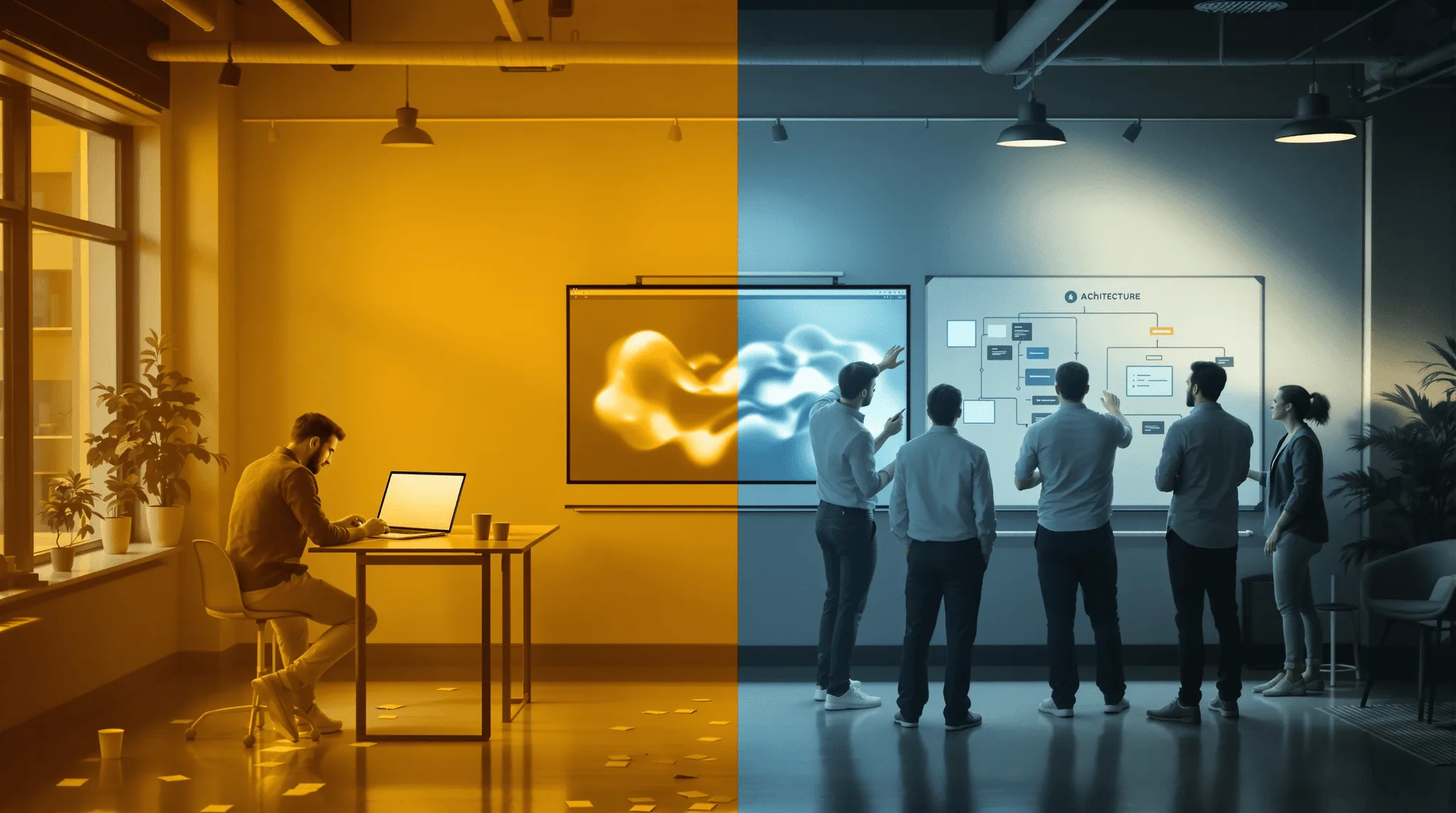 Startup office split between solo founder and professional development team