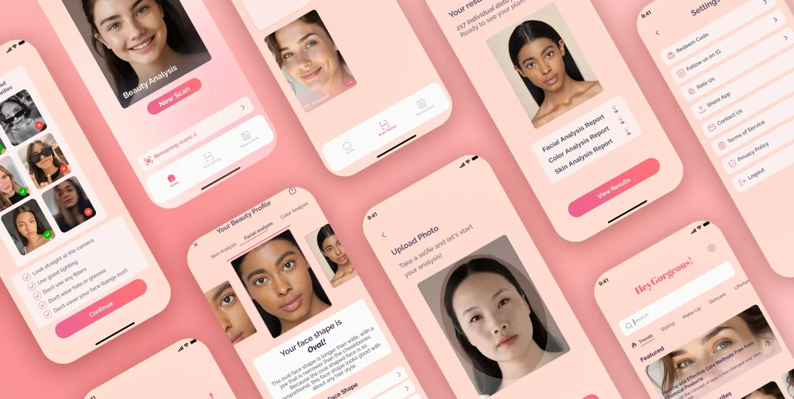Hey Gorgeous multiple mobile screens overview showcasing the complete beauty AI app experience built by Neon Apps development team