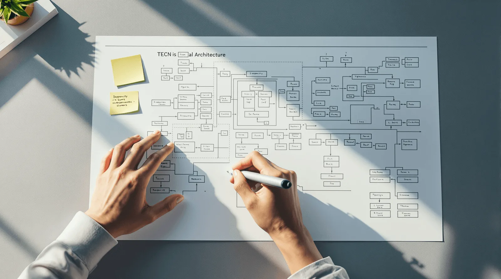 Hands annotating a software architecture dependency diagram with red pen
