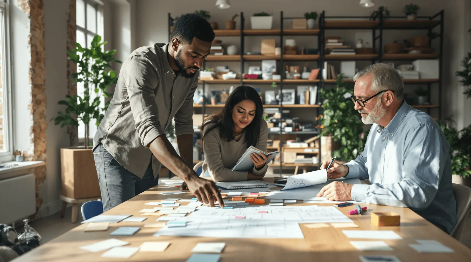 Team organising product discovery index cards on a sunlit studio table