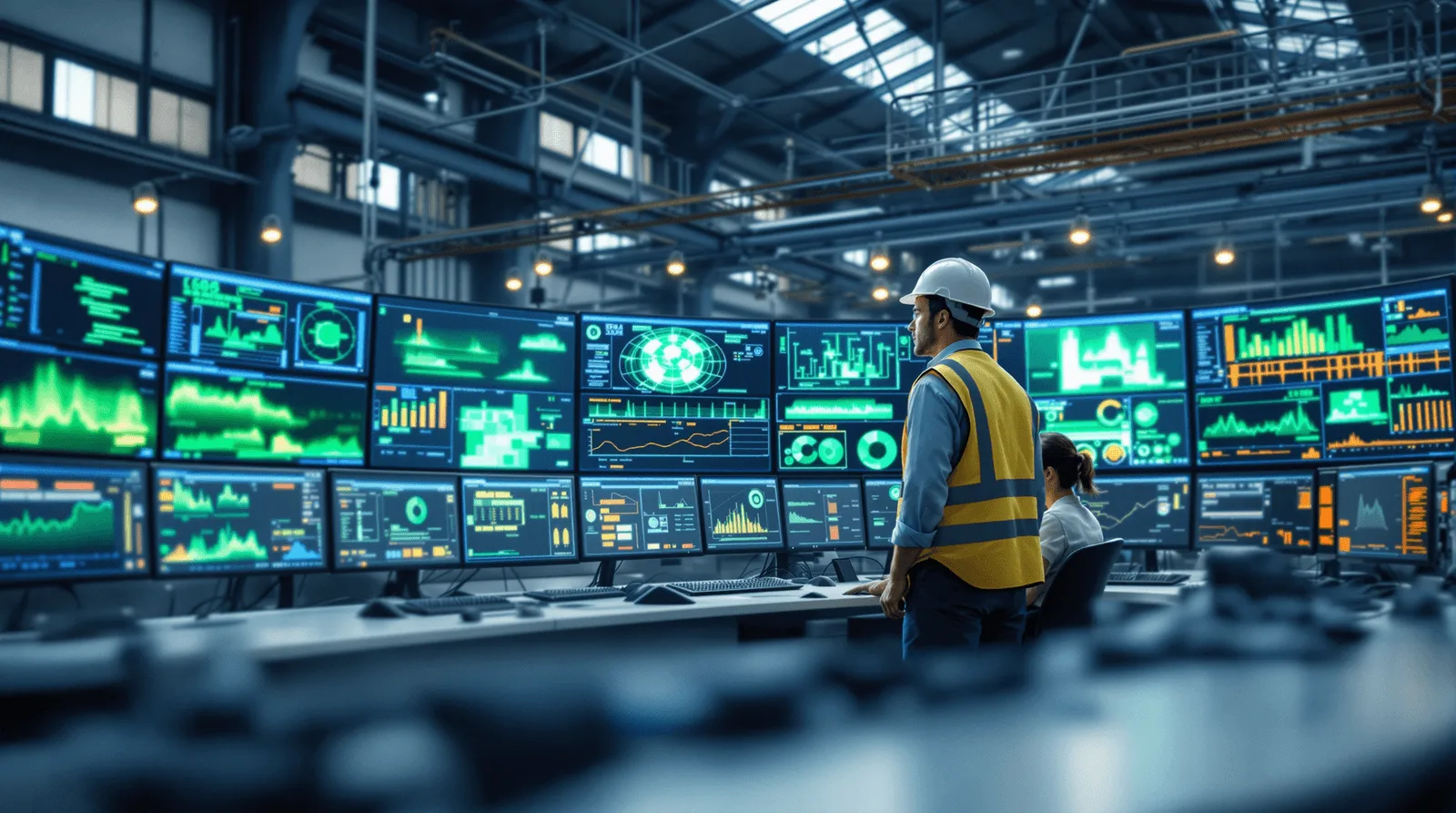 Engineer in a hard hat at an industrial control room wall of monitoring dashboards