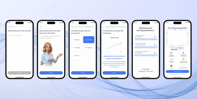 Six phones showing an AI tutor onboarding sequence ending in a personalised learning plan