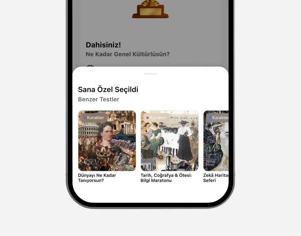 Mygen question and result screens on iPhone showing a personalized result card with the user’s name and photo.