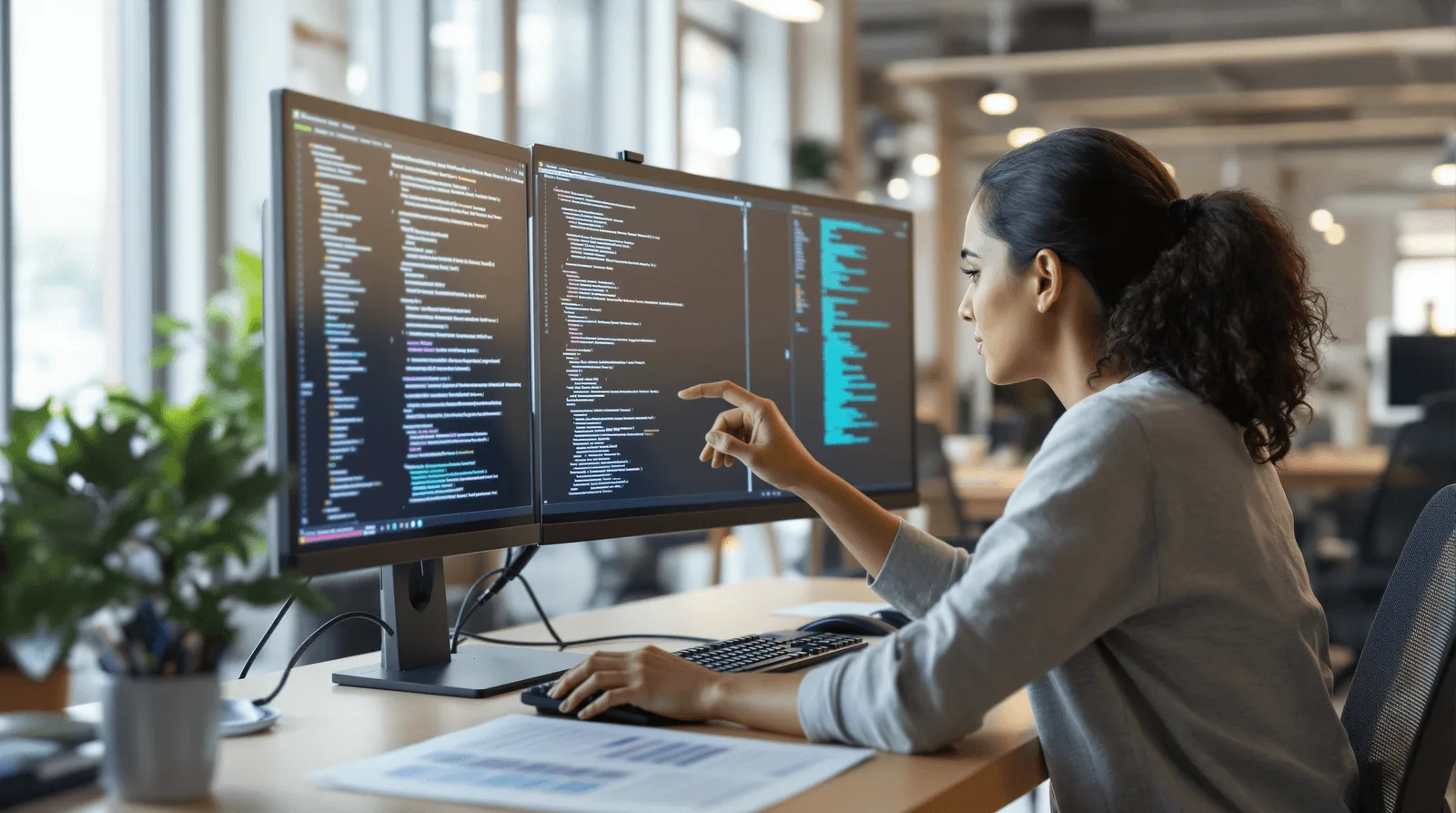 Female engineer comparing two AI model outputs on side-by-side monitors