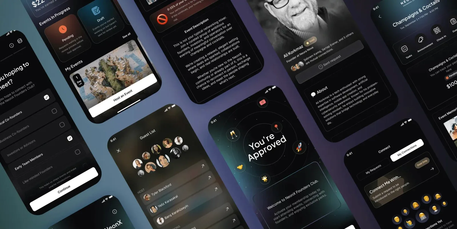 Founders Club multiple mobile screens overview showcasing the complete startup community app experience built by Neon Apps development team