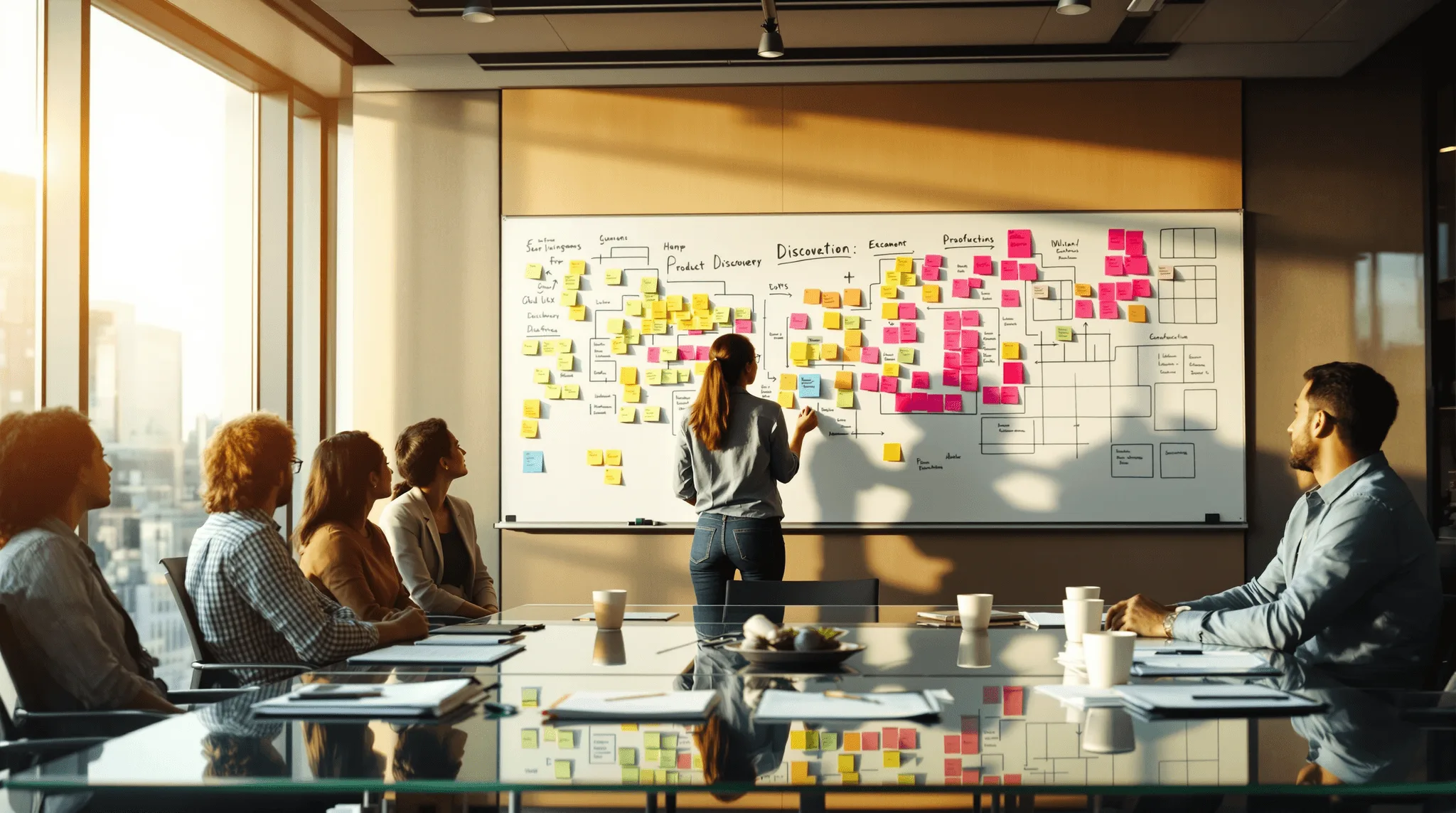 Cross-functional team running a product discovery workshop on whiteboard