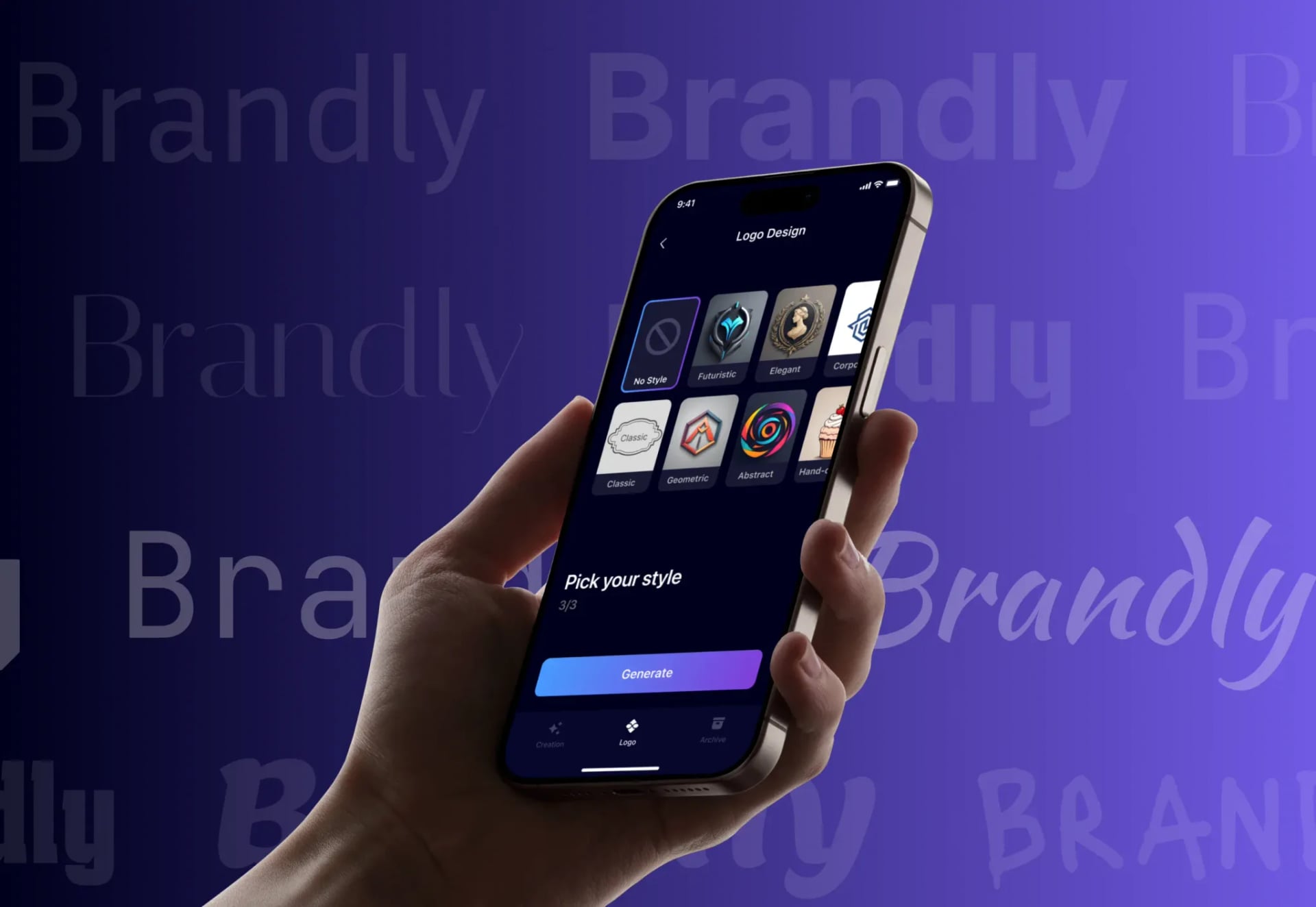 Brandly AI brand maker app for logo design, product photos, and promo videos – mobile app by Neon Apps