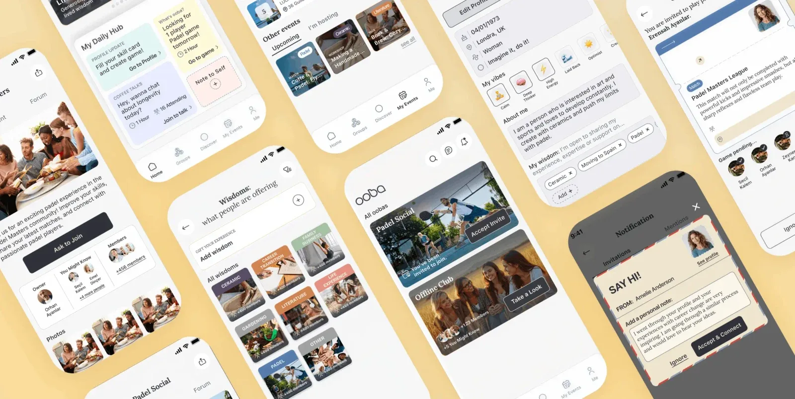 Ooba multiple mobile screens overview showcasing the complete social community app experience built by Neon Apps development team