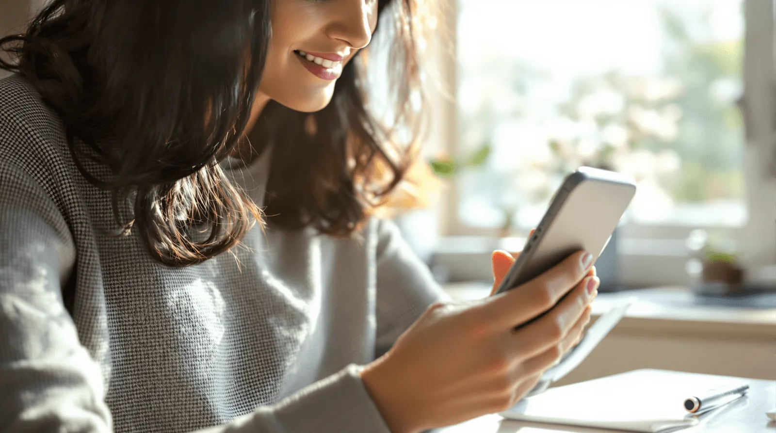 Freelancer woman creating invoice on smartphone with paper receipt