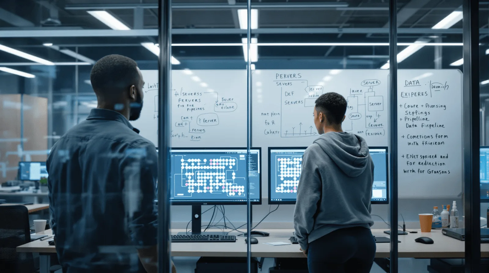 Two engineers reviewing server-side pipeline architecture in fintech office