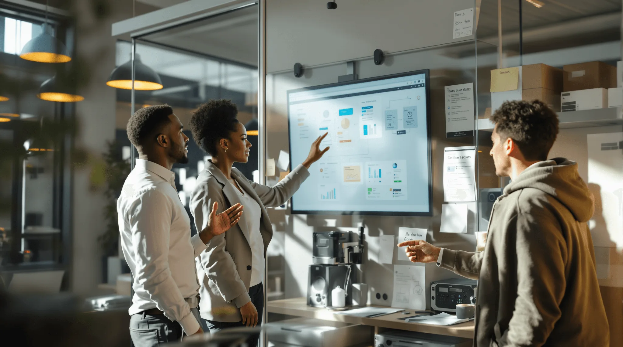 Professionals analyzing data visualization, KPIs, and business analytics on an interactive dashboard.