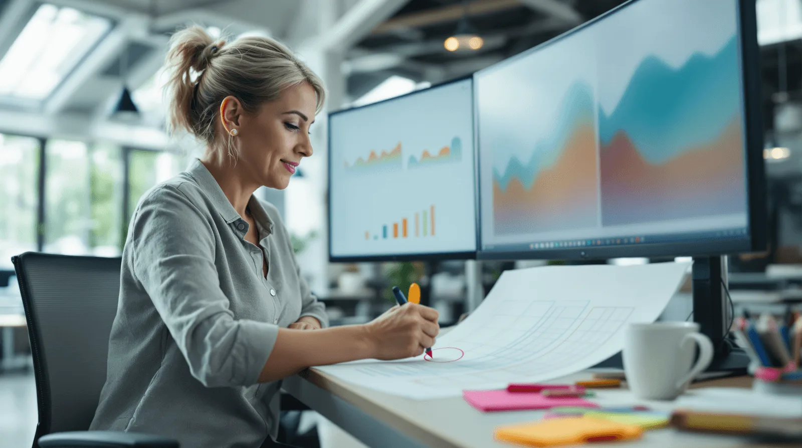 Analyst annotating AI performance metrics on printed dashboard sheets