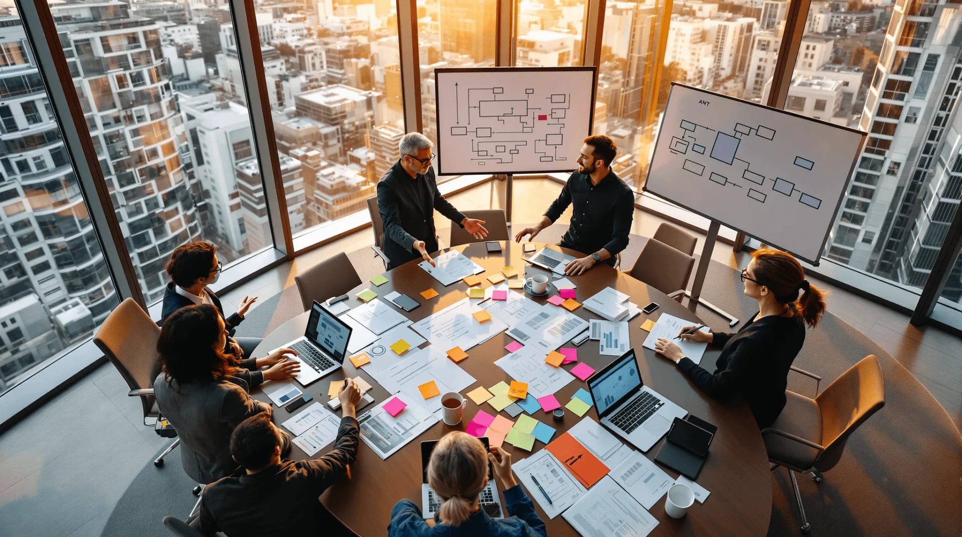 Corporate team mapping business objectives around a strategy-covered boardroom table